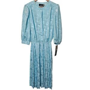 Vintage Alexis Dress Womens Size 12 Blue Silky 80s Long Sleeve Pleated Cocktail